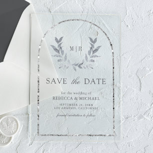 Silver Laurel Wreath Leaves Wedding Save the Date Acrylic Invitations