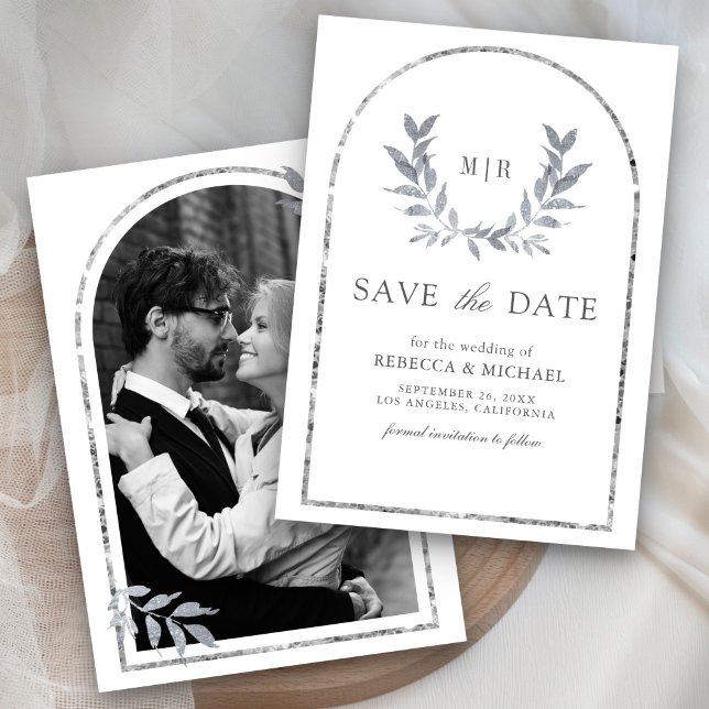 Silver Laurel Wreath Leaves White Wedding Save The Date (Creator Uploaded)