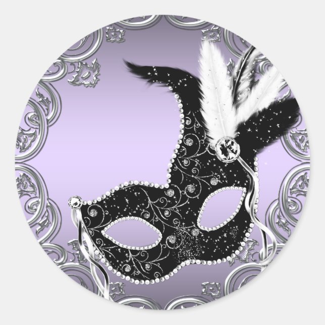 Silver Lavender and Black Mask Masquerade Party Classic Round Sticker (Front)
