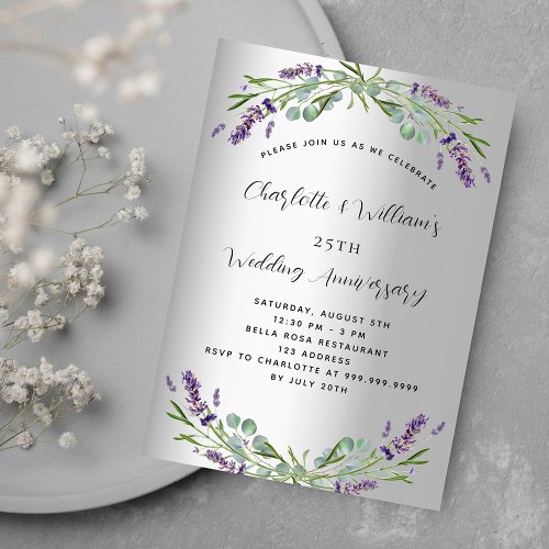 Silver lavender floral 25th wedding anniversary invitation