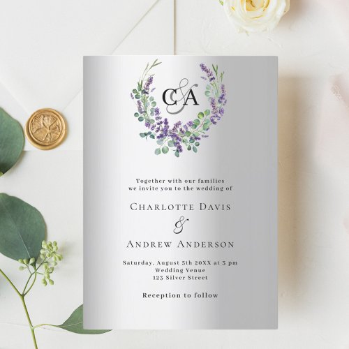 Silver lavender florals monogram luxury wedding invitation