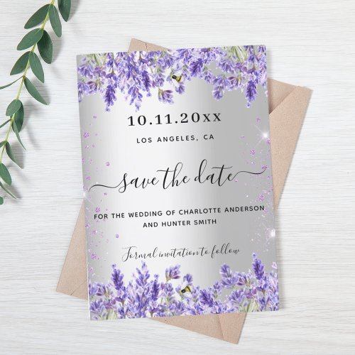 Silver lavender florals wedding save the date