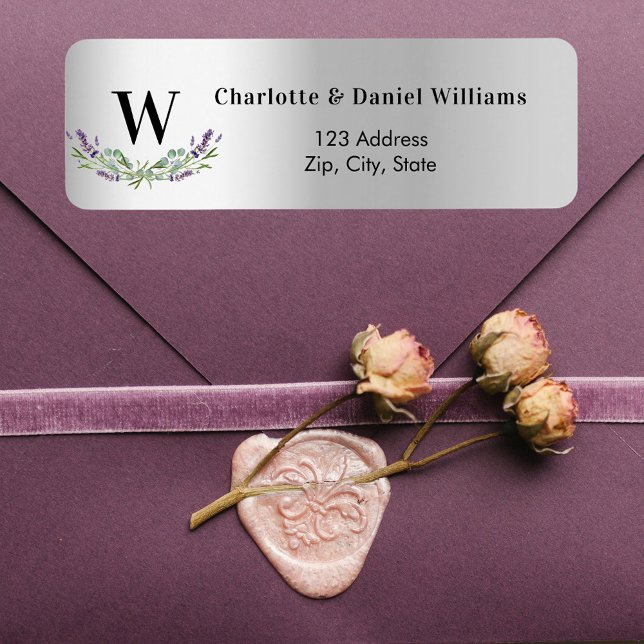 Silver lavender flowers monogram return address label (Creator Uploaded)