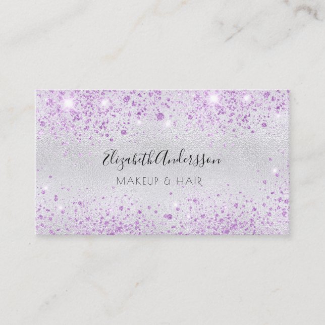 Silver lavender glitter makeup hair beauty business card (Front)