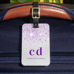 Silver lavender glitter monogram name luggage tag