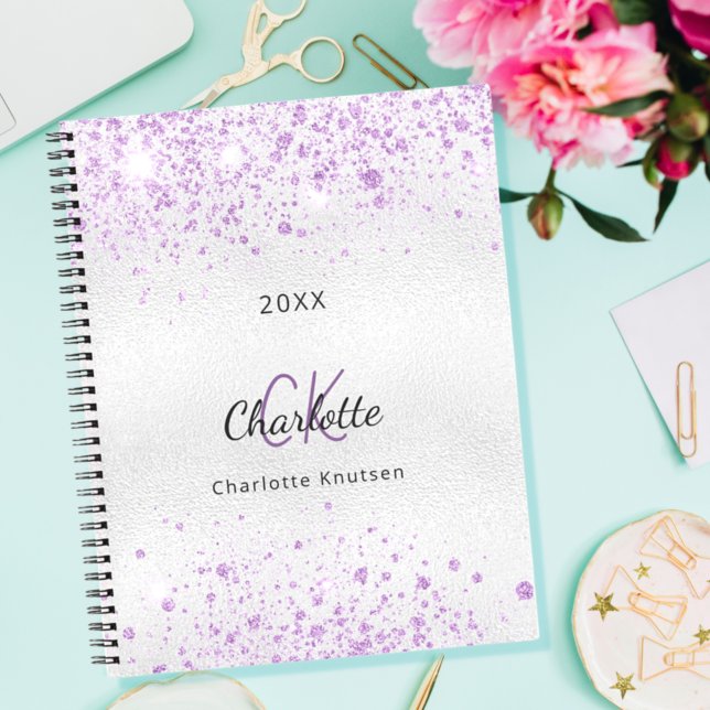 Silver lavender glitter  name monogram notebook (Creator Uploaded)