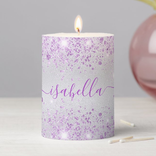 Silver lavender glitter name script pillar candle (In Situ)