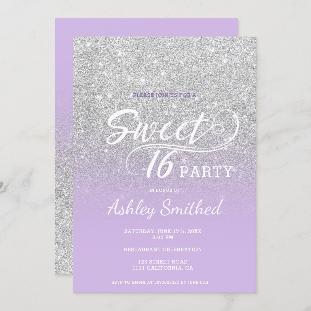 Silver lavender glitter ombre purple Sweet 16 Invitation | Zazzle