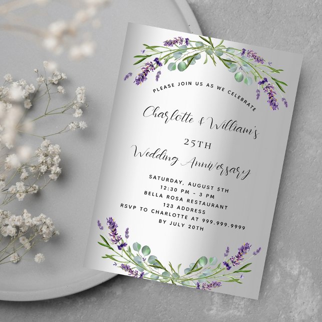 Silver lavender luxury 25th wedding anniversary invitation (Creator Uploaded)