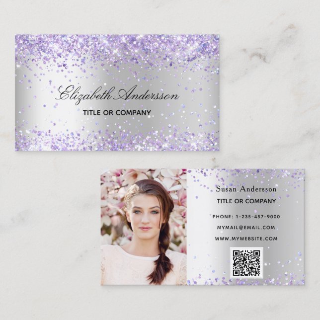 Silver lavender photo QR code Business Card (Front/Back)