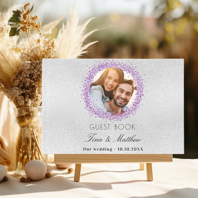 Silver lavender photo sparkles elegant wedding guest book (Creator Uploaded)