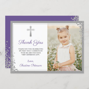 Silver Lavender Purple Communion Thank you Card