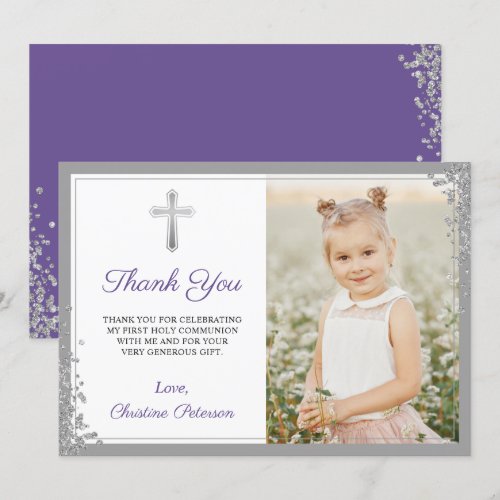 Silver Lavender Purple Communion Thank you Card