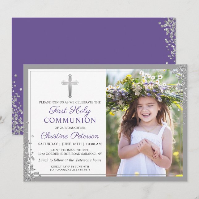 Silver Lavender Purple First Communion Photo Invitation (Front/Back)