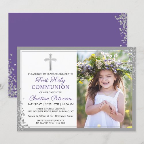 Silver Lavender Purple First Communion Photo Invitation
