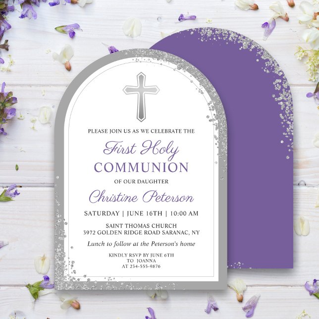 Silver Lavender Purple First Holy Communion Arch Invitation (Creator Uploaded)