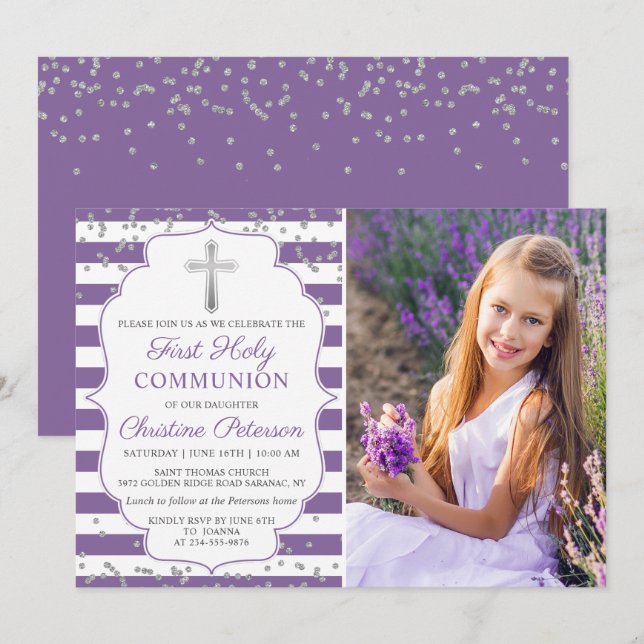 Silver Lavender Purple Photo First Holy Communion Invitation (Front/Back)
