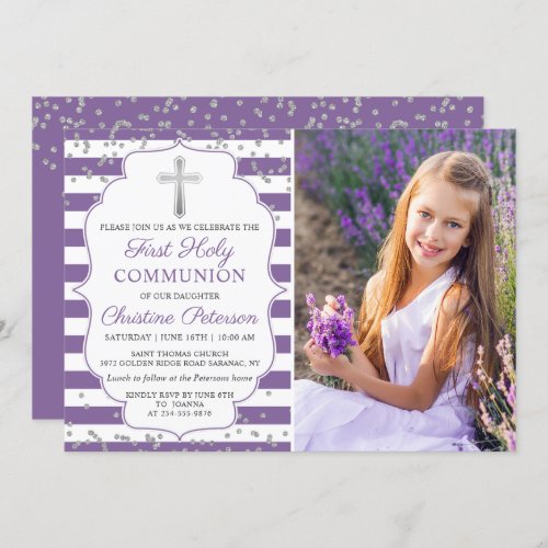 Silver Lavender Purple Photo First Holy Communion Invitation