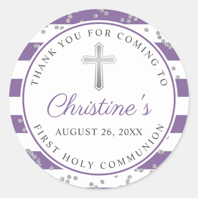 Silver Lavender Purple Stripes First Communion Classic Round Sticker (Front)