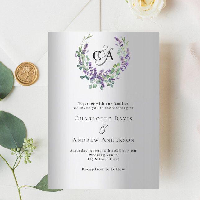 Silver lavender violet florals monogram wedding invitation (Creator Uploaded)