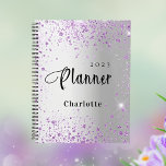 Silver lavender violet glitter name 2024 planner<br><div class="desc">A faux silver metallic looking background decorated with purple,  violet faux glitter dust.  Personalize and add a name and year.</div>