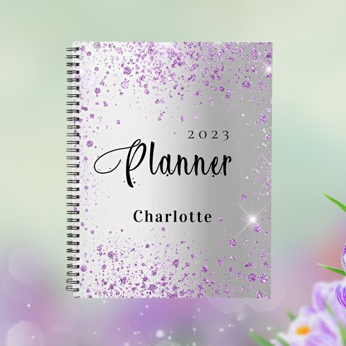 Silver lavender violet glitter name 2024 planner