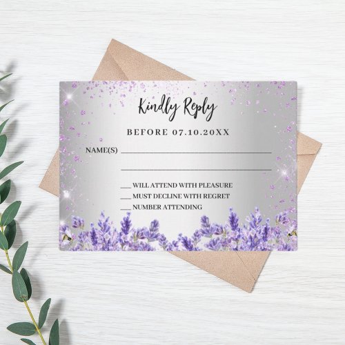 Silver lavender watercolor wedding response RSVP Note Card