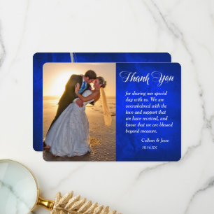 Silver Leaf Bright Blue Photo Wedding Thank You