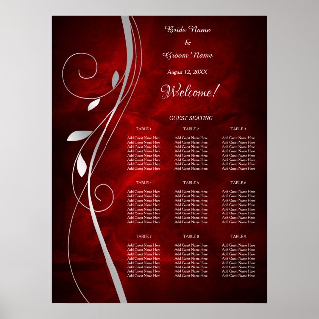Silver Leaf Deep Red Wedding Seating Chart (Front)