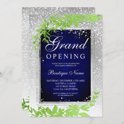 Silver leaf snow green Christmas grand opening Invitation