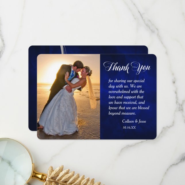 Silver Leaf Swirl Blue Photo Wedding Thank You (Front/Back In Situ)