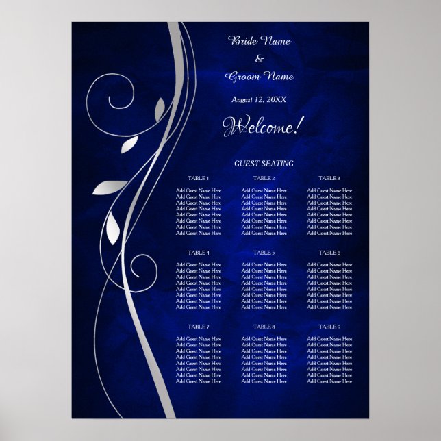 Silver Leaf Swirl Blue Wedding Seating Chart (Front)