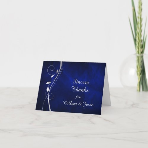 Silver Leaf Swirl Blue Wedding Thank You Card