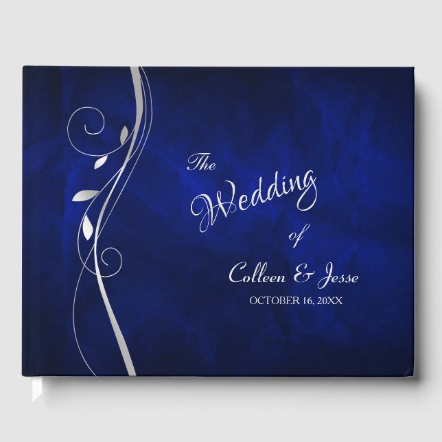 Silver Leaf Swirl Deep Blue Wedding Guest Book (Front)