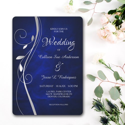 Silver Leaf Swirl Deep Blue Wedding Invitation