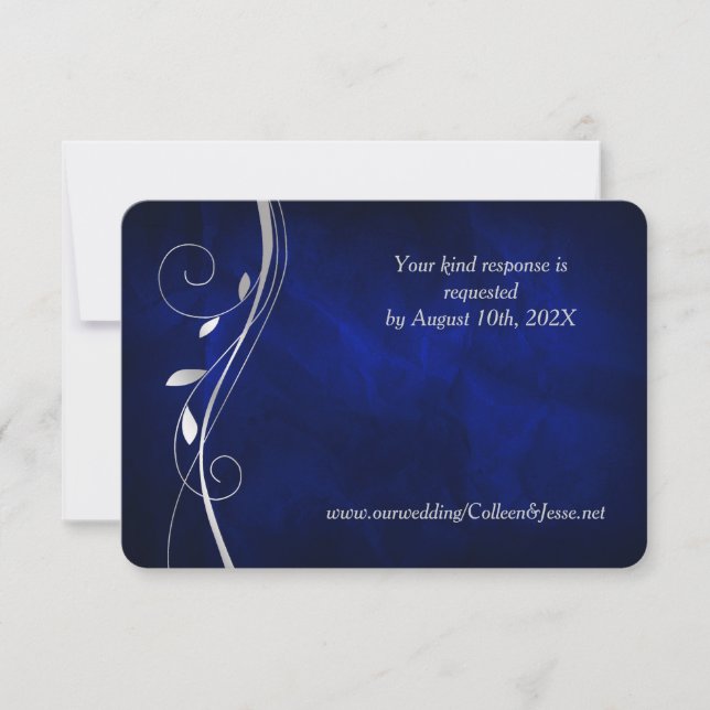 Silver Leaf Swirl Deep Blue Wedding RSVP Card (Front)