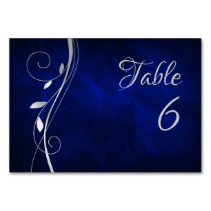 Silver Leaf Swirl Deep Blue Wedding Table Number