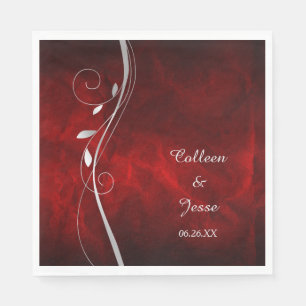Silver Leaf Swirl Deep Red Wedding Napkins