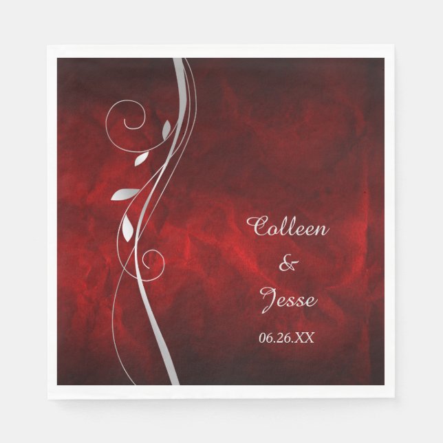 Silver Leaf Swirl Deep Red Wedding Napkins (Front)