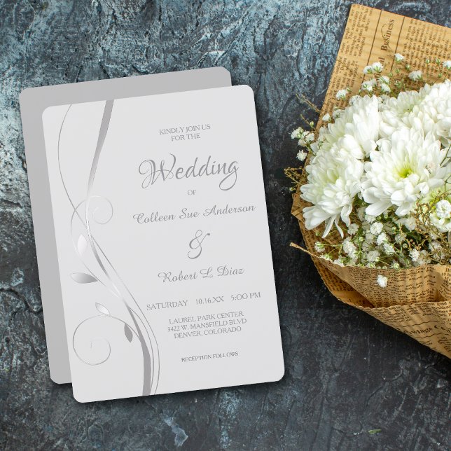 Silver Leaf Swirl Pale Gray Wedding Invitation (Creator Uploaded)