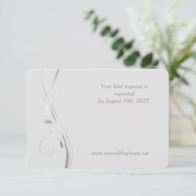 Silver Leaf Swirl Pale Gray Wedding RSVP Card (Standing Front)