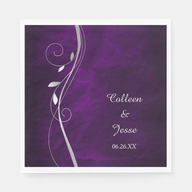 Silver Leaf Swirl Purple Wedding Napkins (Front)