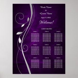 Silver Leaf Swirl Purple Wedding Seating Chart