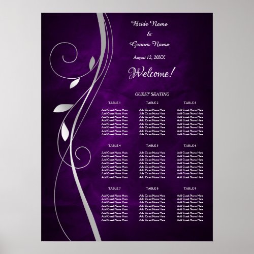 Silver Leaf Swirl Purple Wedding Seating Chart