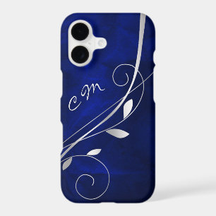 Silver Leaf Swirl Royal Blue Monogram iPhone 17 Case