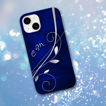 Silver Leaf Swirl Royal Blue Monogram Case-mate Iphone 14 Case by Westerngirl2 at Zazzle