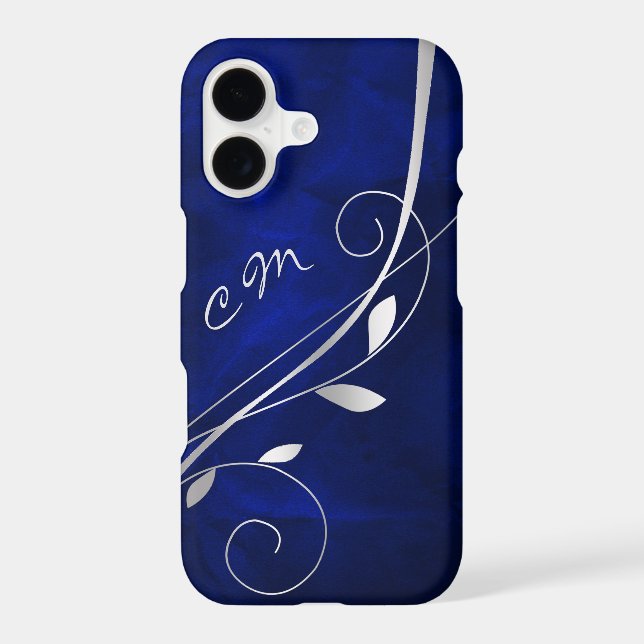 Silver Leaf Swirl Royal Blue Monogram Iphone Case (Back)