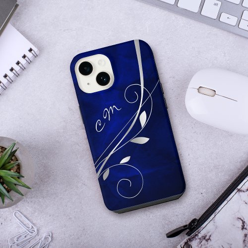 Silver Leaf Swirl Royal Blue Monogram iPhone 14 Case