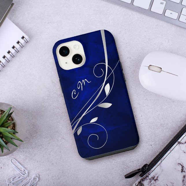 Silver Leaf Swirl Royal Blue Monogram iPhone Case (Creator Uploaded)