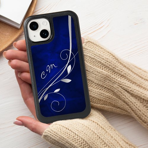 Silver Leaf Swirl Royal Blue Monogram OtterBox iPhone 14 Case